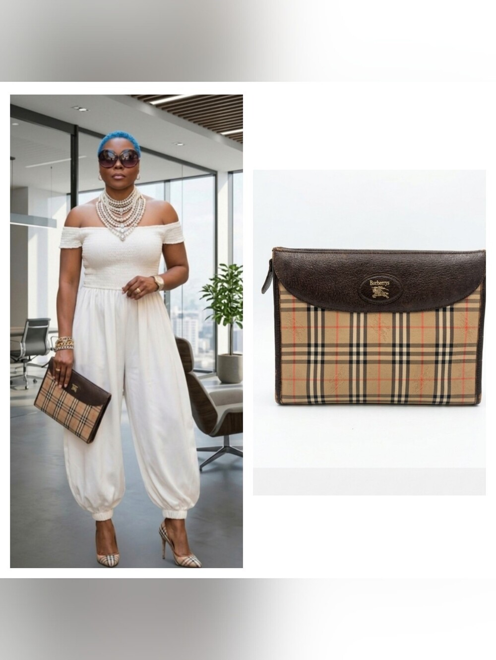 Burberry Vintage Nova Check Brown Leather Trim Clutch